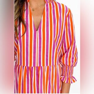 Charlee Alexis Tiered Pink Orange Striped 3/4 Sleeve Cotton Mini Dress Size L